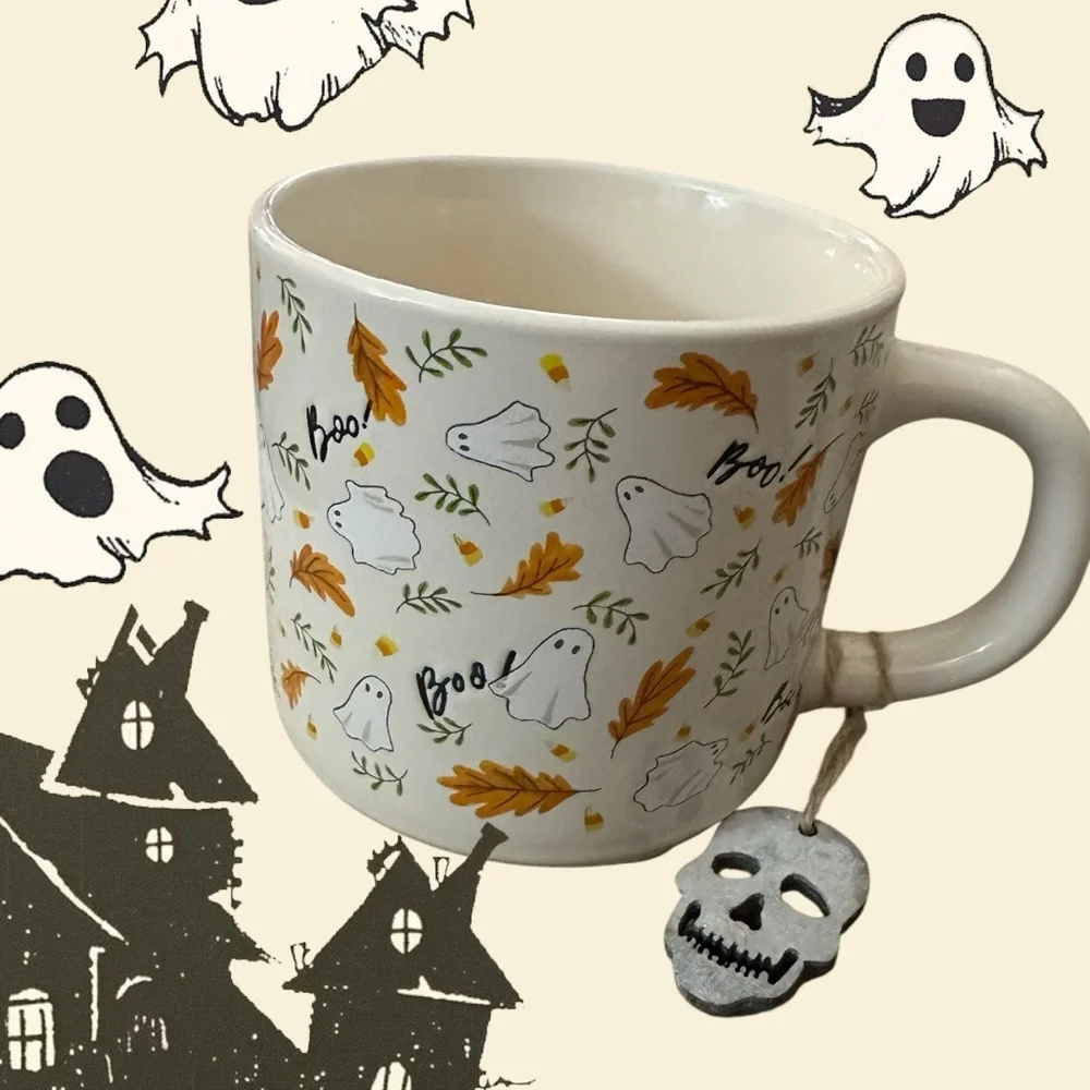 Halloween Ghost & Skull Mug NEW by Primo‎ Design. It has feet & skeleton charm.